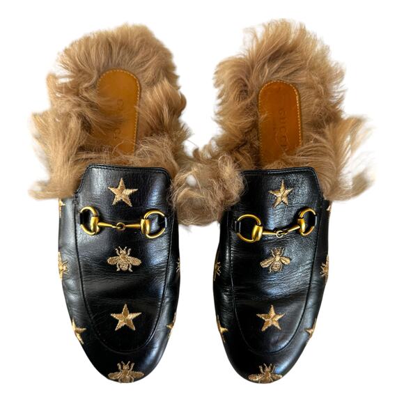 Gucci Horsebit Bee Princetown Fur Mules Loafers Black Size EU 37 US 7 - Picture 2 of 15